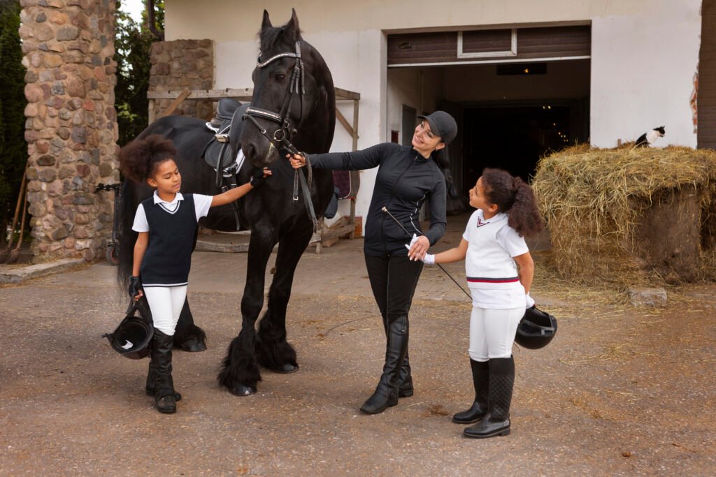full shot children learning ride horses